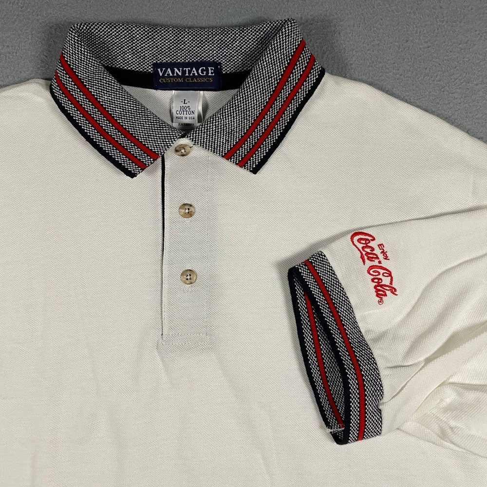 Vantage Polo Shirt Men Large White Coca-Cola Embroidered Vintage 90s Made USA